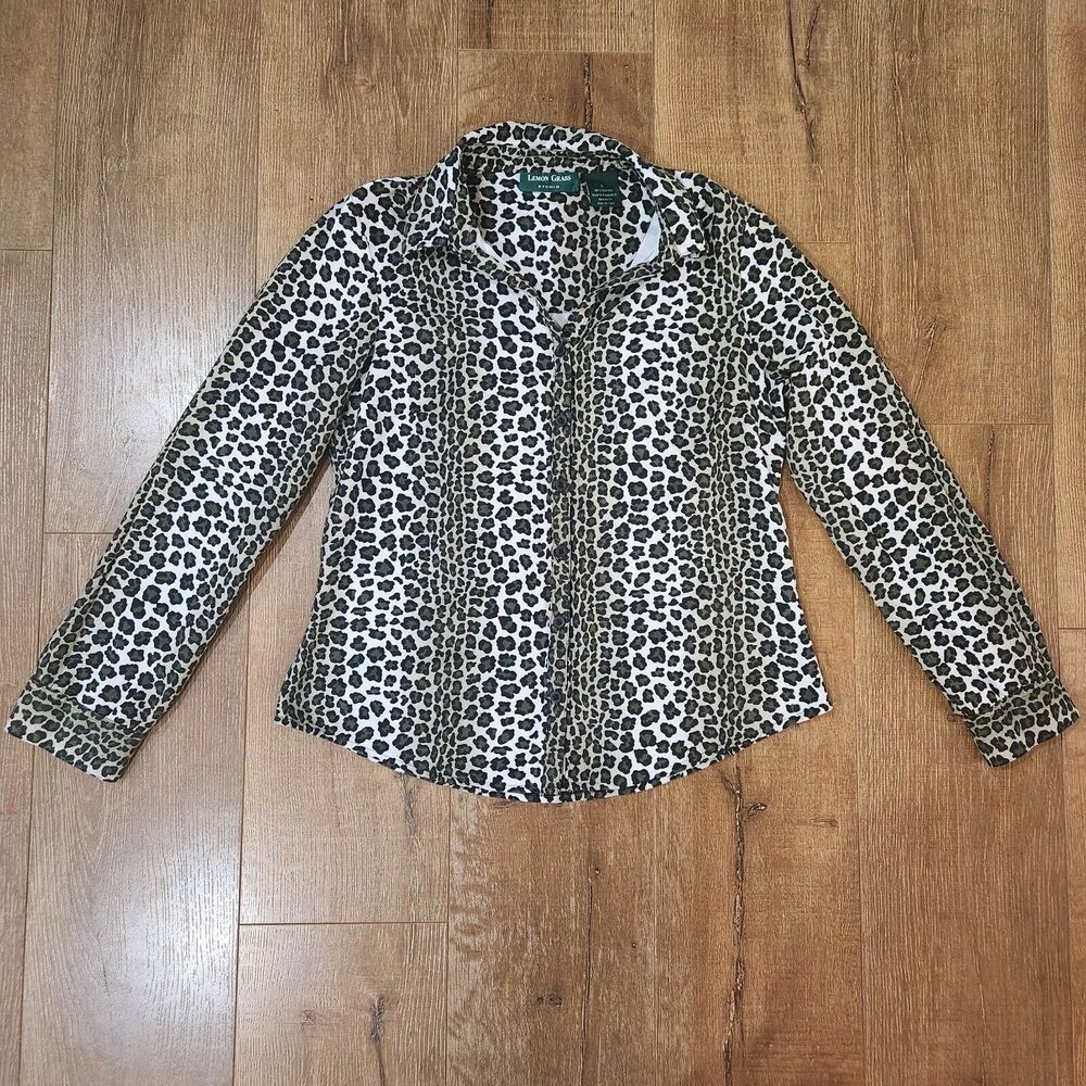 Olive Green Leopard Print Button Front top Shirt Blouse large corpcore normcore